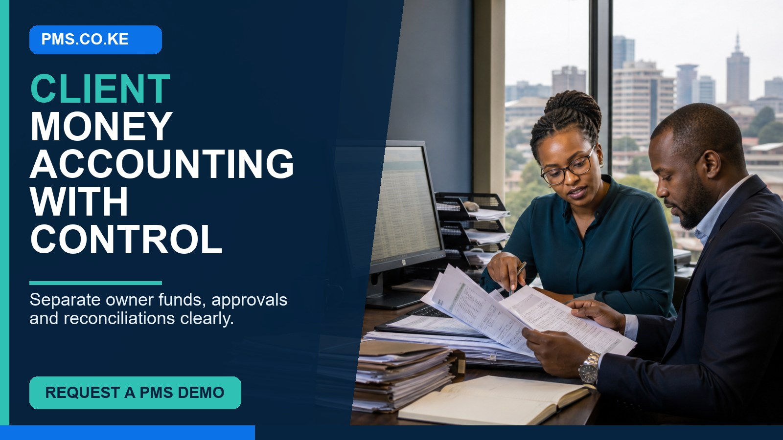 Client money accounting software Kenya showing owner ledgers, reconciled receipts and approved payouts.