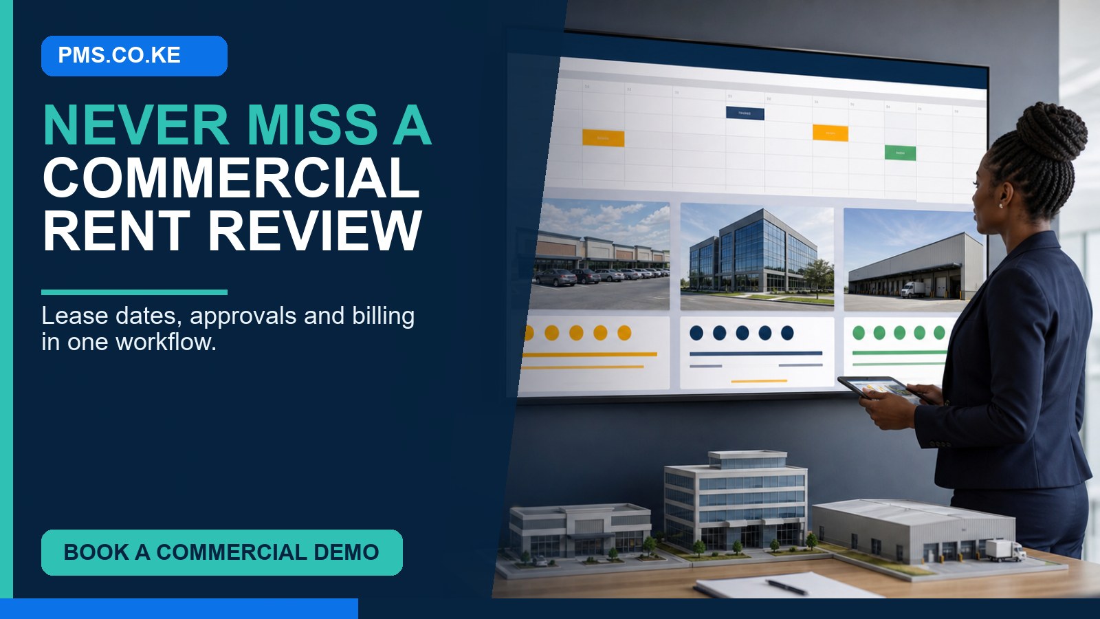 Commercial lease escalation software Kenya with rent review calendar for office, retail and warehouse properties.