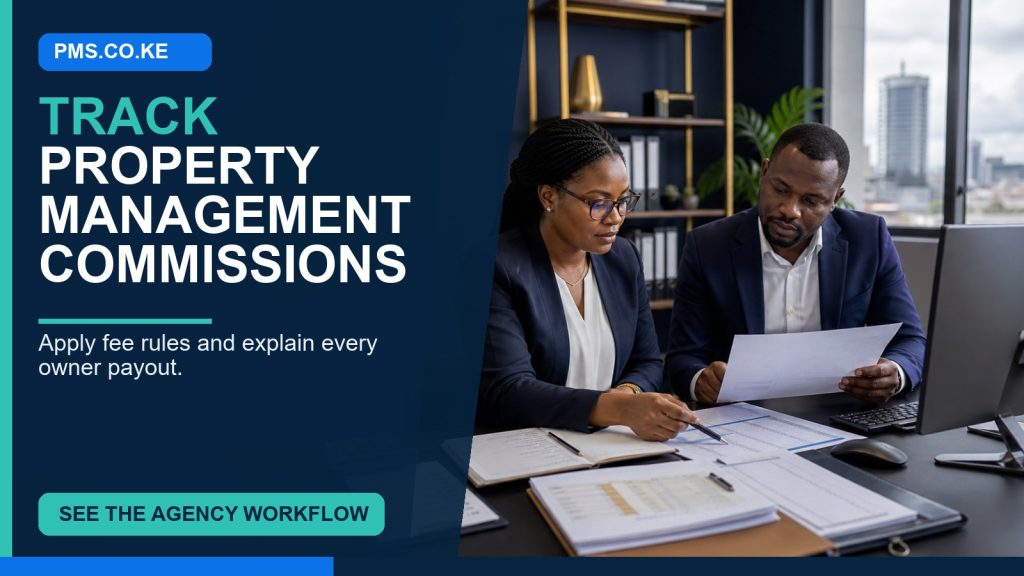 Property management commission tracking software Kenya showing agreement rules, reviewed fees and owner payouts
