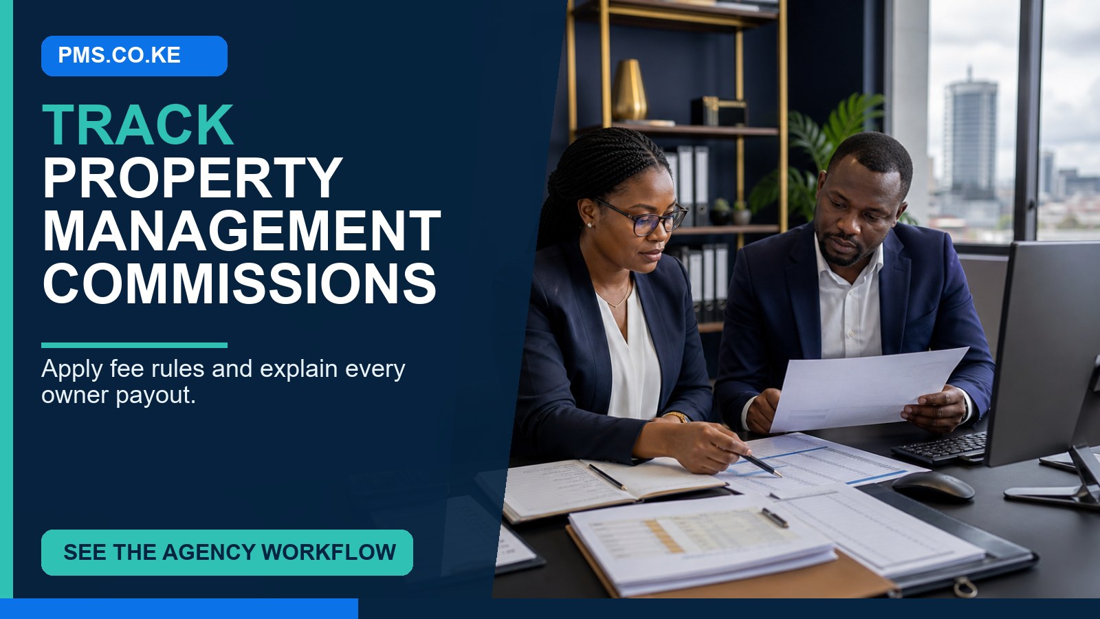 Property management commission tracking software Kenya showing fee agreements, approved calculations and owner payouts.