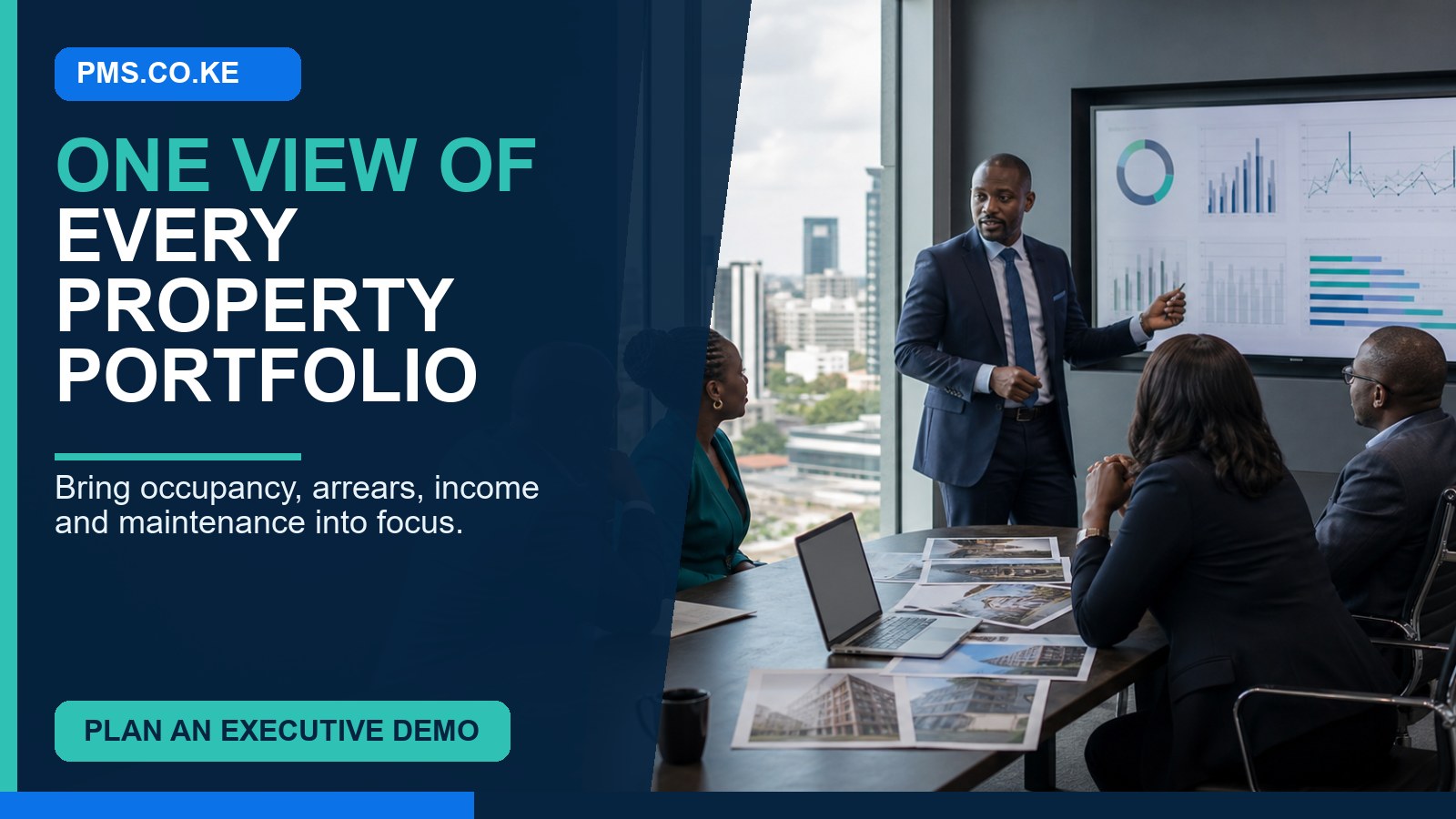 Real estate portfolio reporting software Kenya showing occupancy, arrears, lease expiry and owner performance dashboards.