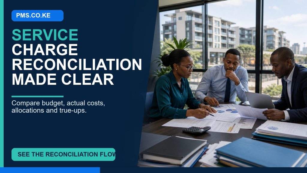 Service charge reconciliation software Kenya comparing approved building budgets, actual costs and allocation adjustments