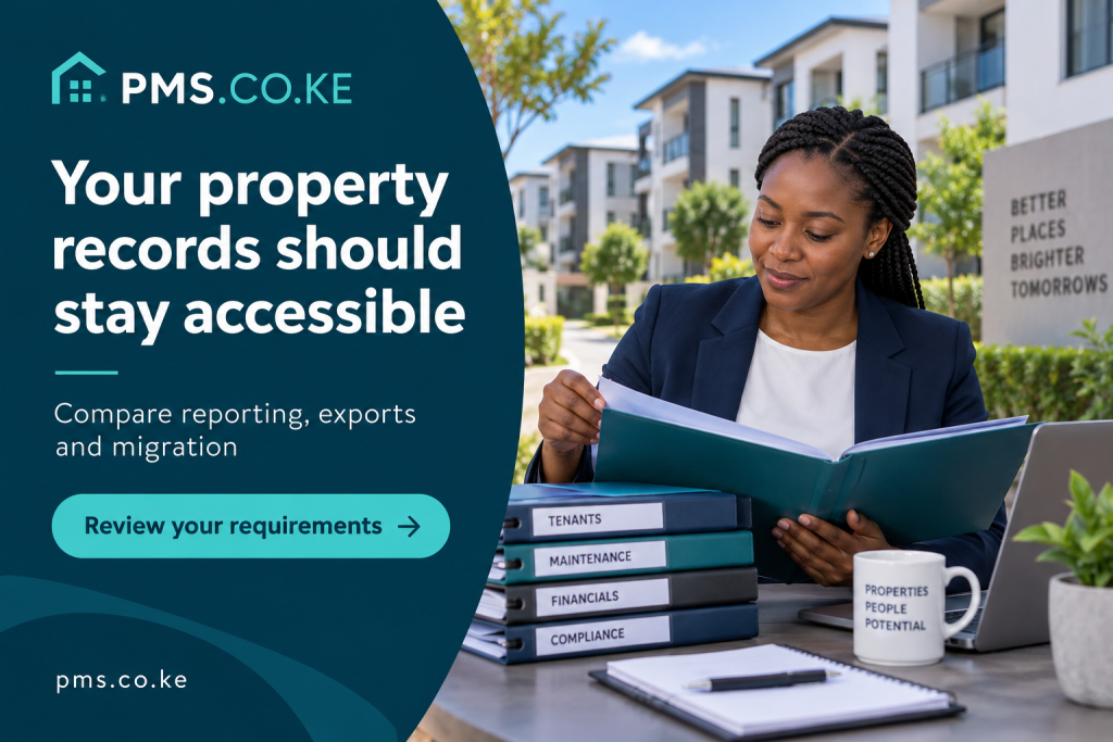 PMS.co.ke flyer: Before Choosing Property Software, Check How You Can Export Your Records